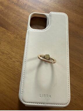iPhone 14 Plus Beige Phone Case with Wallet and Gold Kickstand Ring